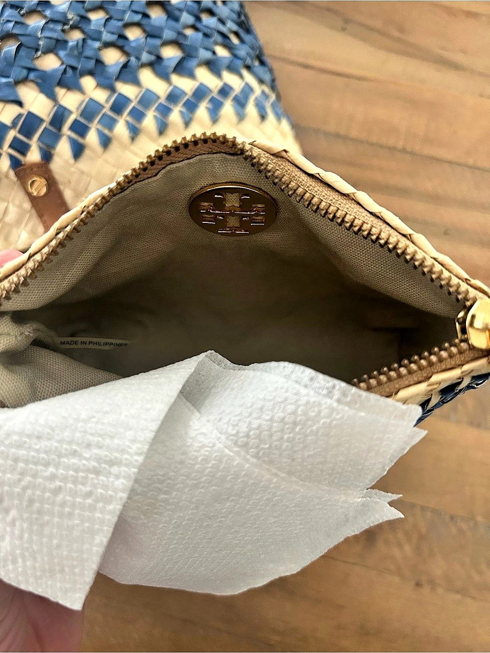 Tory Burch Ella Straw Basket Tote Blue & Tan - Picture 4 of 9